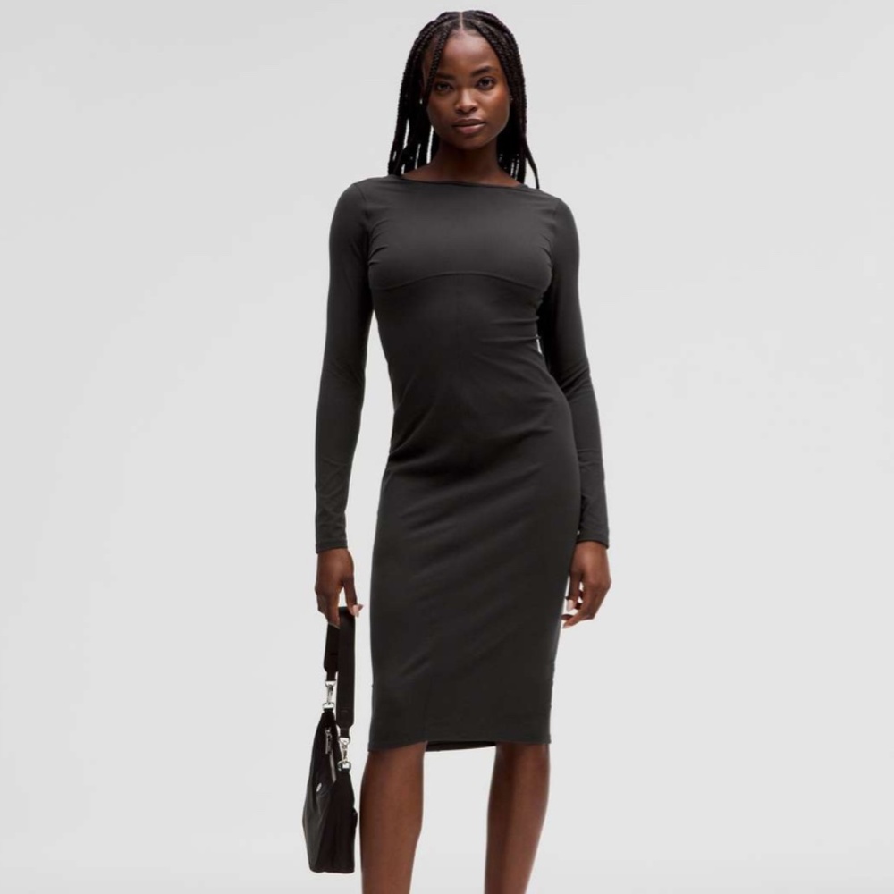 Lululemon Ribbed Nulu Scoop-Back Long-Sleeve Dress (Size 6) in Black